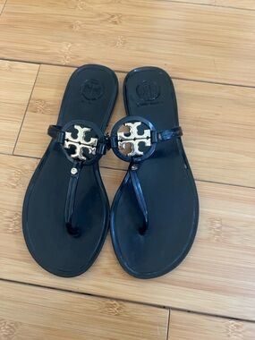 Tory Burch Black Jelly Sandals with Gold Logo Size 5